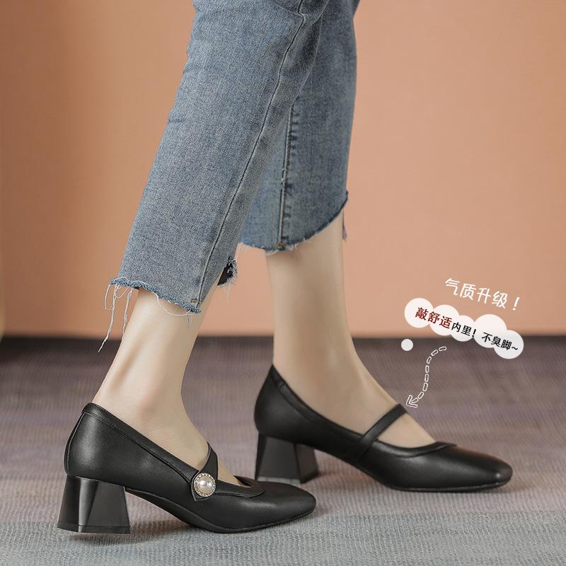 New Women Shoes Fashion Pumps Pearl Leather High Heels Shoes OL Mary Jane Dress Shoes