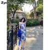 Slim Fit Blue Floral White-Boosting Strapless Bodycon Dress Summer New Style Skirt