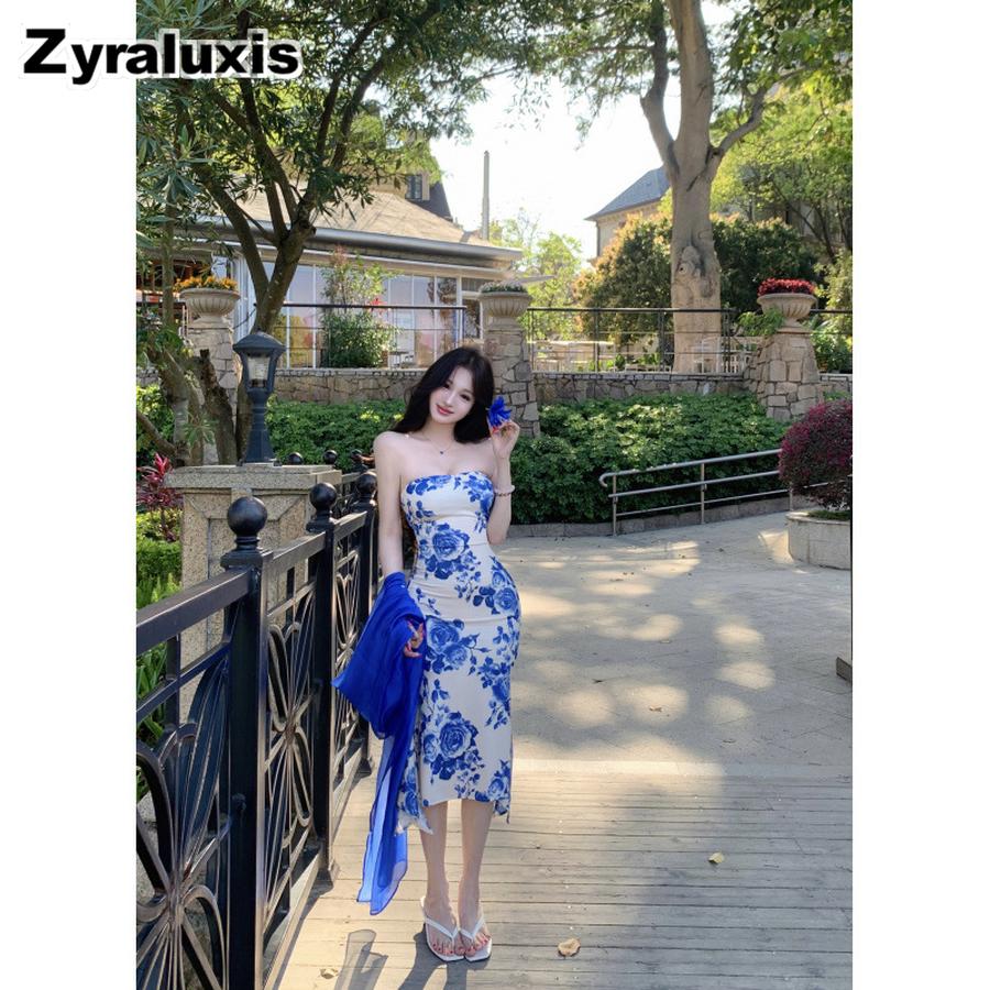 Slim Fit Blue Floral White-Boosting Strapless Bodycon Dress Summer New Style Skirt
