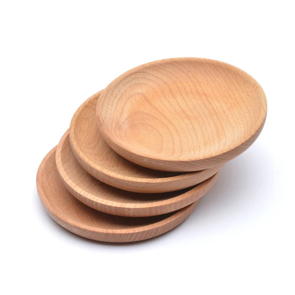 Wooden Round Serving Plate Eco-friendly Reusable Snack Tray Dinner Plates Natural Fruit Dessert Kitchen Tableware