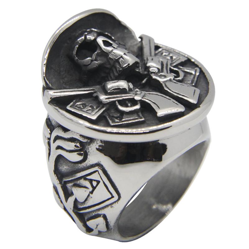Heavy Huge Skull Pirate Ring 316L Stainless Steel Jewerly Poker Card Double Guns Man Ring 7