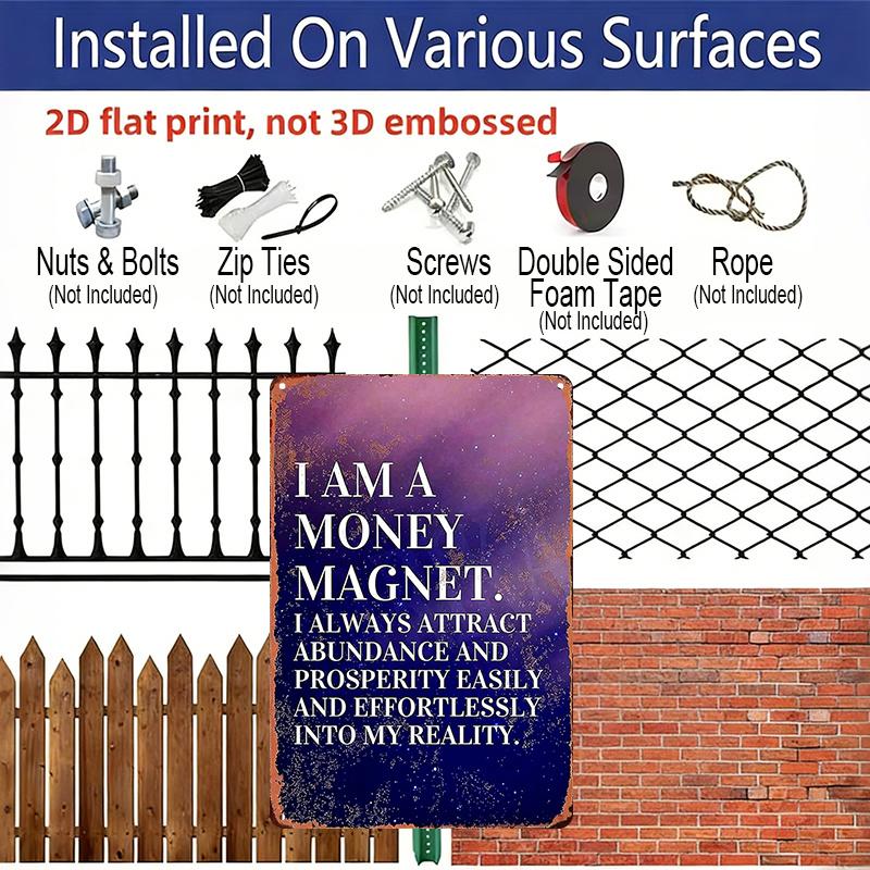 2D Flat, Vintage "I Am A Money Magnet" Metal Wall Decor - Durable Aluminum Sign, Positive Affirmation Plaque for Home, Office, Cafe, Attract