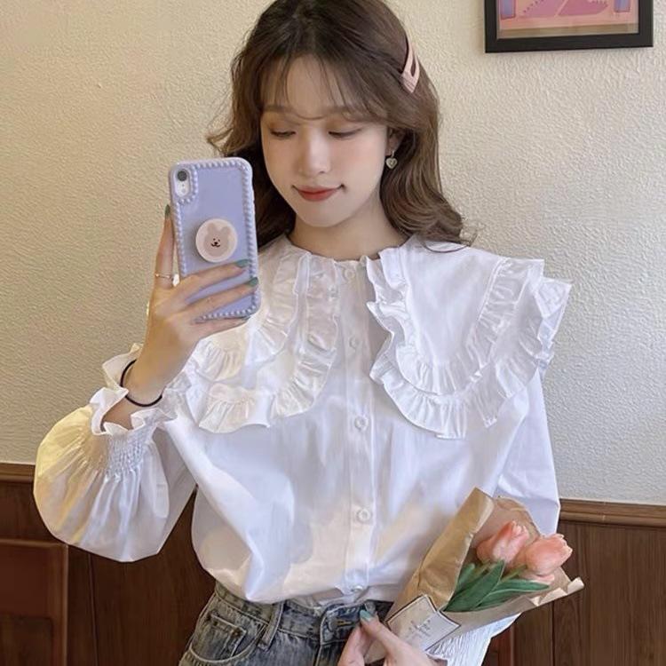 Vintage doll-collar shirt, ruffled shirt, women's new spring and autumn loose long-sleeve shirt, versatile top