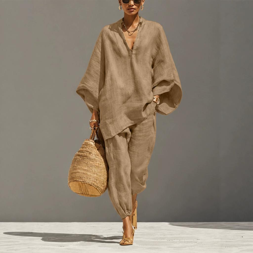 2026 Fashion Women's Solid Color, Casual Style Design Bat Sleeve V-Neck Lazy Loose Suit Women