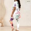 Women Plus Size Two Piece Set Round Neck Short Sleeve Floral Printed Longline Top Fitted Pants Light Green