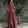 Johnature Women Cotton Linen Vintage Dress V-Neck Long Sleeve Solid Color Robes Autumn A-Line Loose Women Dresses
