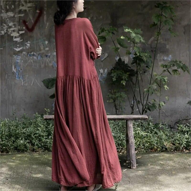 Johnature Women Cotton Linen Vintage Dress V-Neck Long Sleeve Solid Color Robes Autumn A-Line Loose Women Dresses