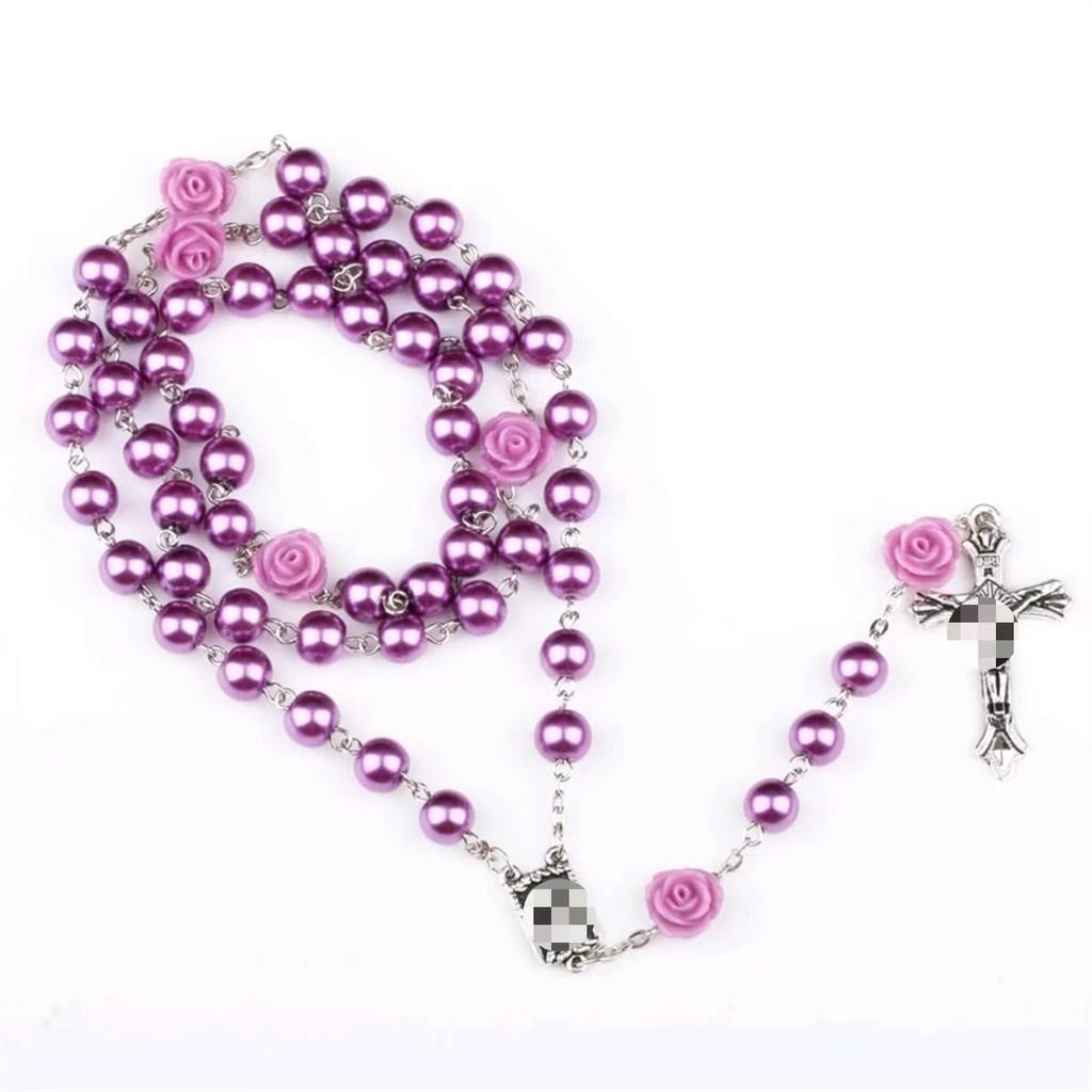 Roses Women Round Bead Necklace Cross Pendant Alloy Material Valentine Gift Day