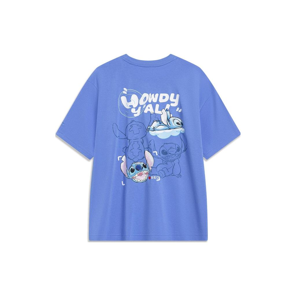 Li-Ning X Disney Stitch Cartoon Print Loose Short-Sleeve Drop-Shoulder T-Shirt Unisex Tops Bay-Blue AHST493-4
