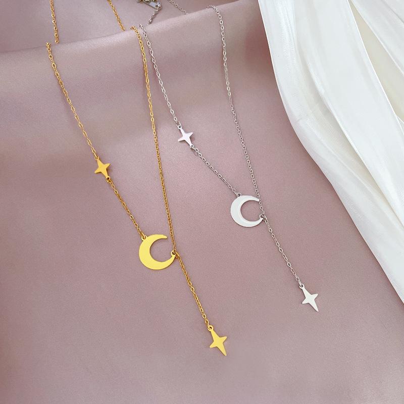 Titanium Steel Star & Moon Tassel Necklace - Minimalist Gold Clavicle Chain for Women
