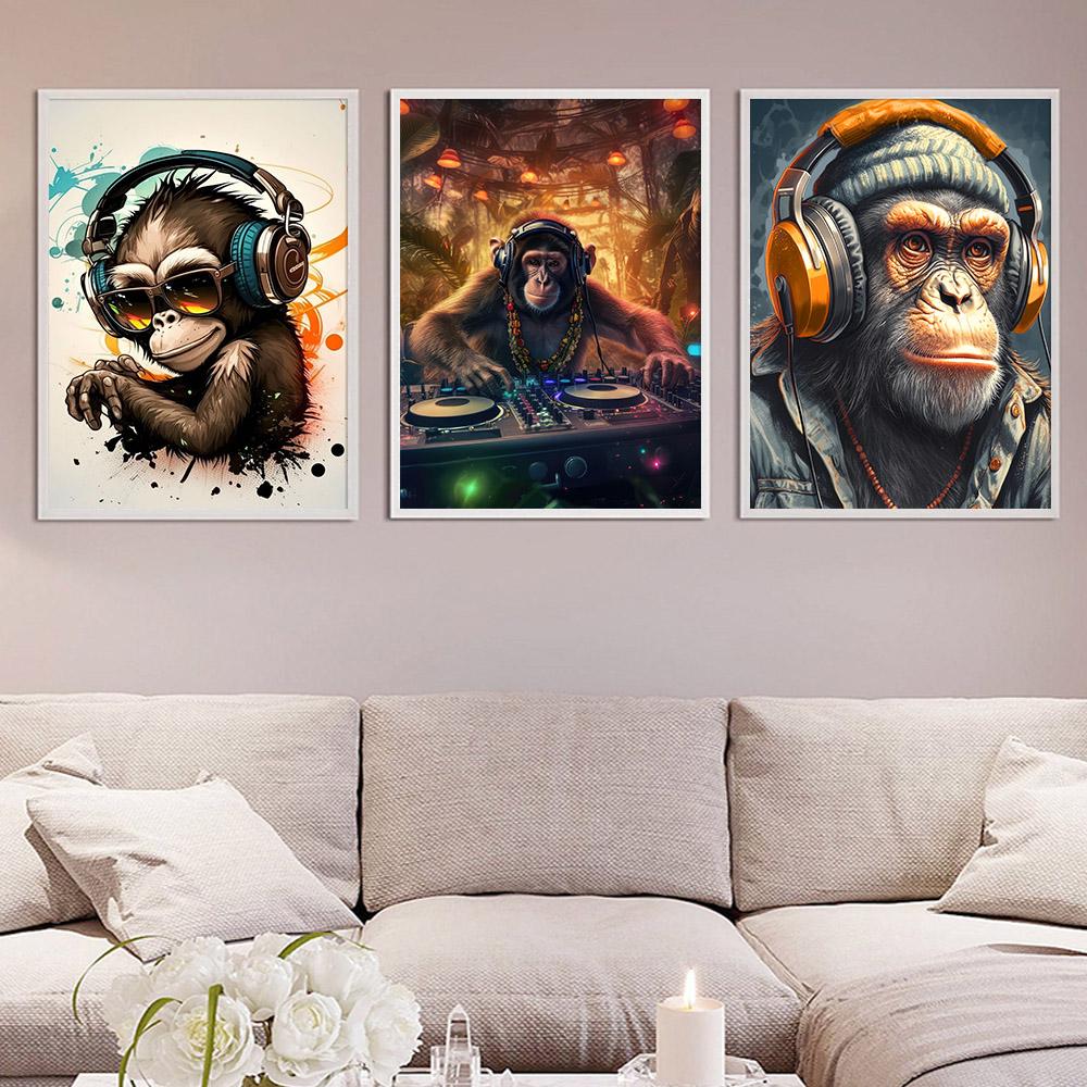 Monkey Cat Dog Headphone Poster Living Bed Room Home Bar Decor Canvas Painting Fashion Dj Music Animal Wall Art Picture Prints