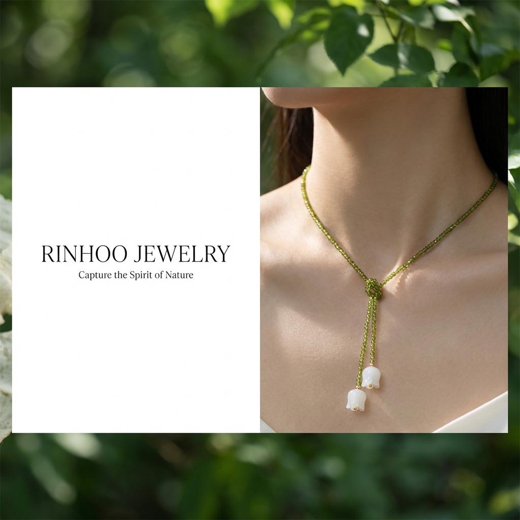 Romantic Fairycore Green Crystal Beaded Lariat Necklace for Women White Lily Pendants Versatile Choker Accessories Jewelry Gift