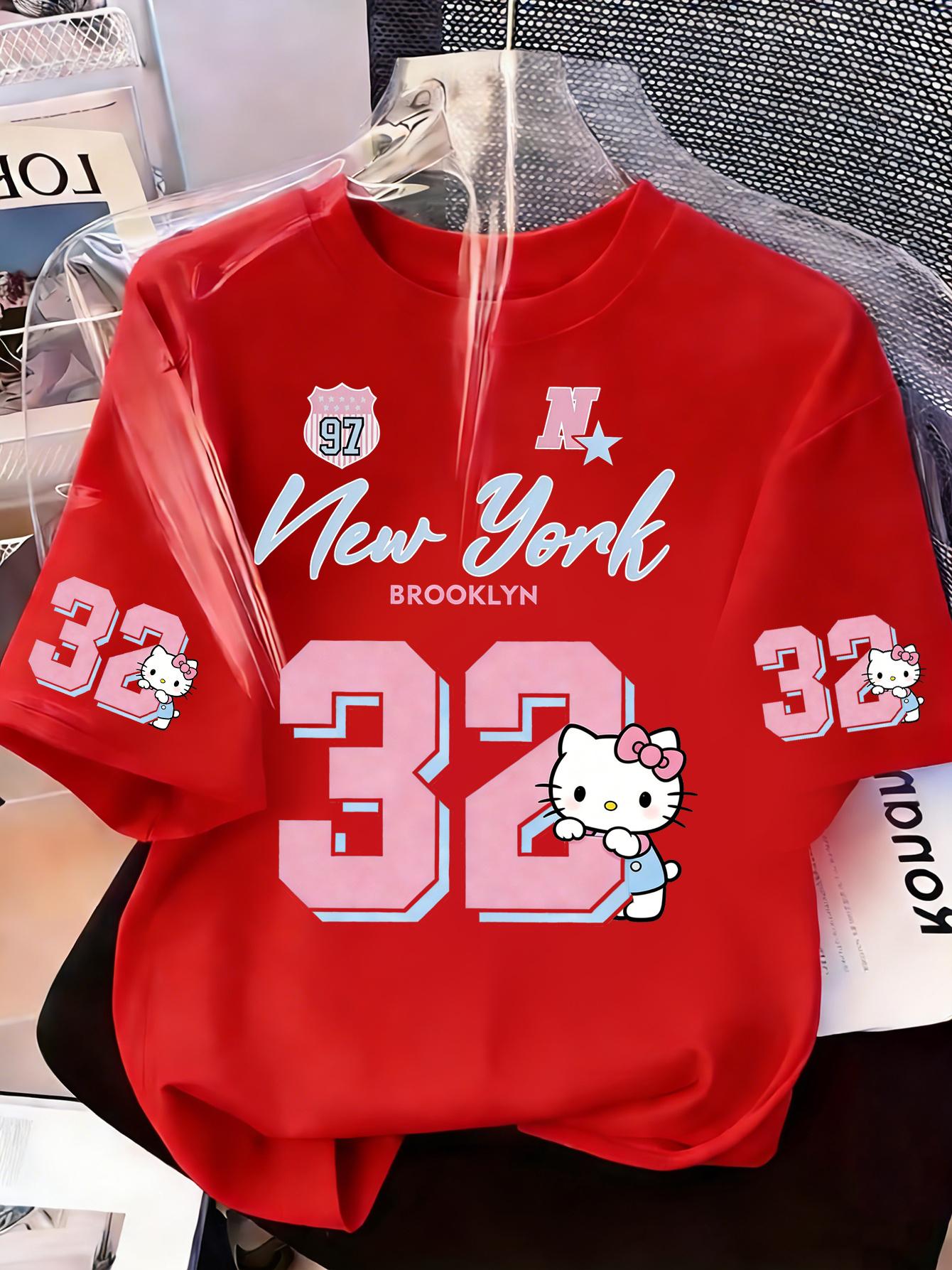 Sweet Cool Baseball! Hello Kitty New York No. 32 Jersey Style  Pattern Women S Round Neck Short Sleeve T-Shirt, Spring Summer 4XL