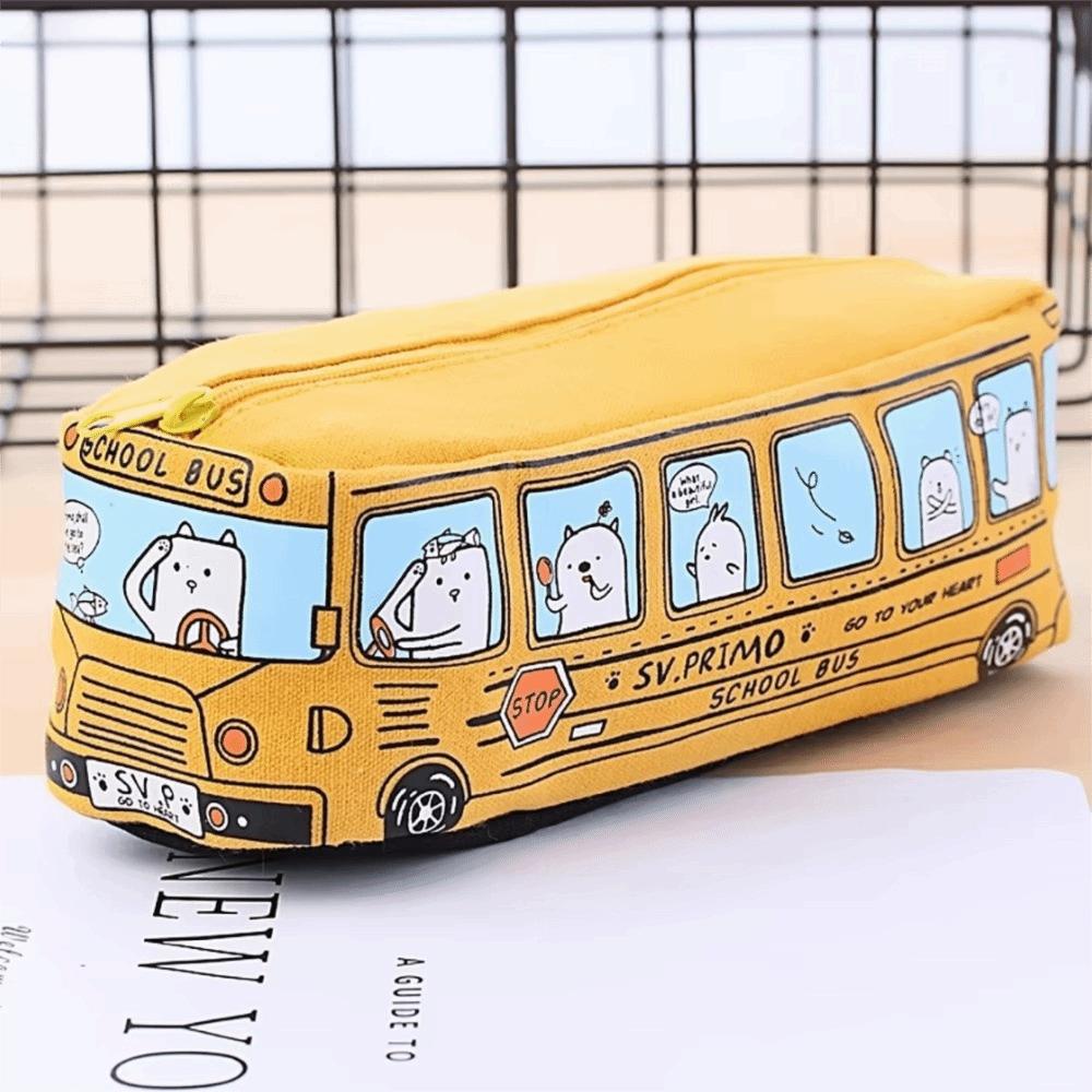 Zipper Closure School Bus Pencil Case Canvas Material Stationery Box Pen Bag Storage Use