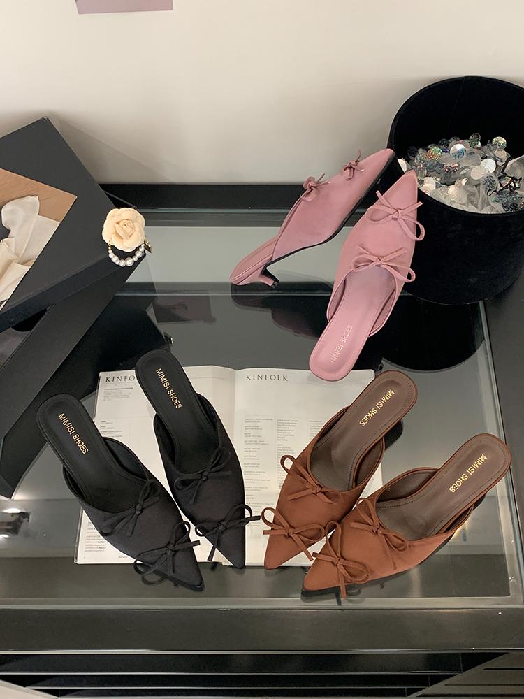 Fashion Fashion Butterfly-Knot Ladies Thin Heels Shoes Pointed Toe Pumps Slides Footwear Women Medium Heels Female Slippers Mules 2025