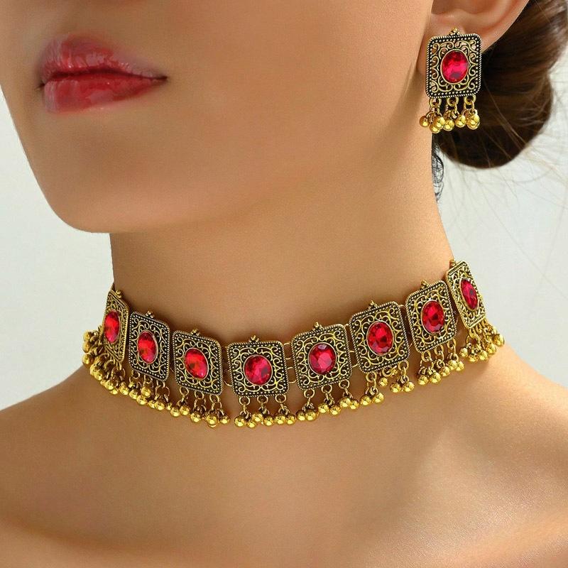 2025 New Design Vintage Ethnic Style  Set Indian Dubai Colorful Necklace Earring  Sets Suitable For Bridal Wedding