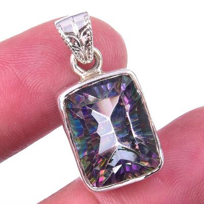 Natural Mystic Topaz Gemstone Handmade 925 Solid Sterling Silver Pendant 1" A2F76