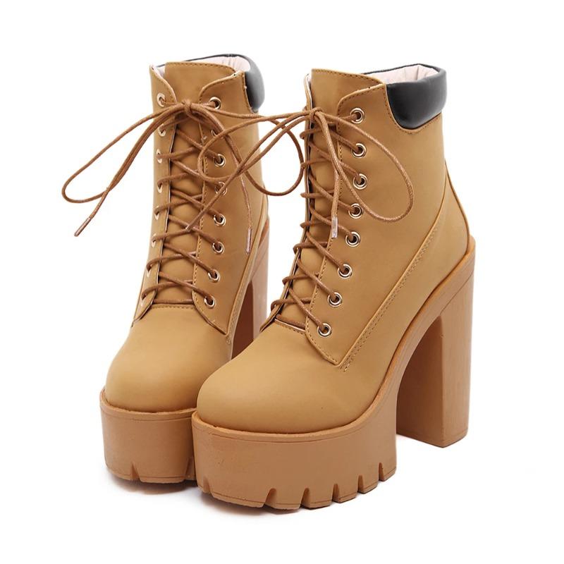 Fashion Women's Chunky Heeled Short Boots Round Toe Lace Up High Heels Solid Color Waterproof Platform Motorcycle Boots for Women