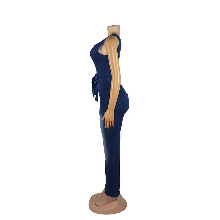 Women's European & American African Denim Halter Jumpsuit: Whitened, Washed, Stretchy, Tie Waist Belt.