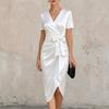 Women's V Neck Satin Short Sleeve Bowknot Wrap Sheath Dress Elegant Slim Fit Midi Dress for Formal Events Office Wear