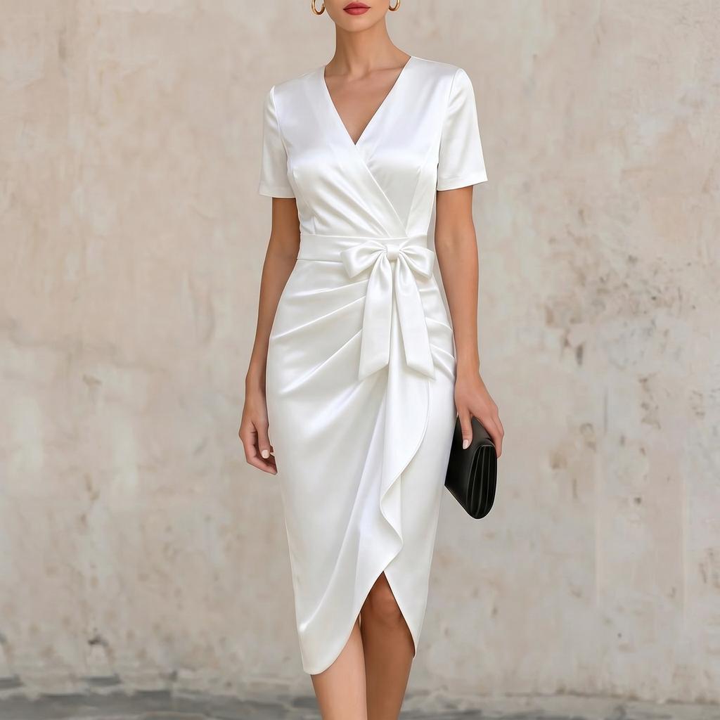 Women's V Neck Satin Short Sleeve Bowknot Wrap Sheath Dress Elegant Slim Fit Midi Dress for Formal Events Office Wear