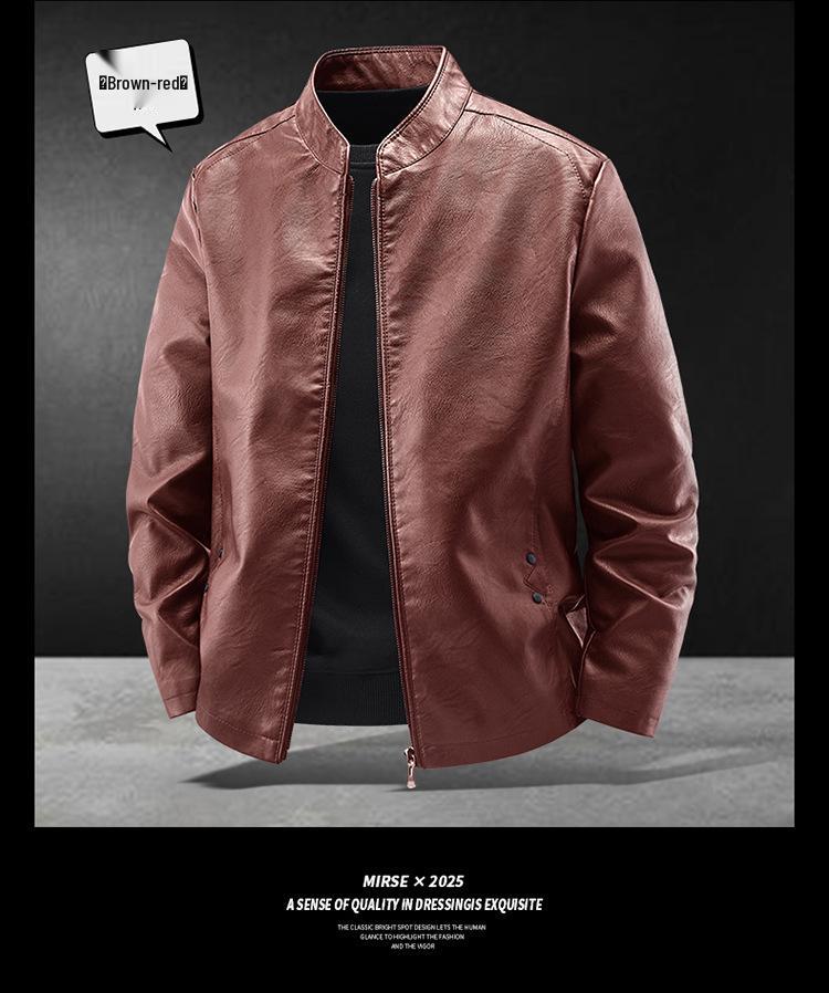 Men's Slim Fit Genuine Leather Jacket with Stand Collar and Velvet Lining - Casual Motorcycle Outerwear