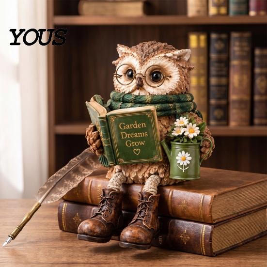 Dekorative Figur für Weihnachten Lesende Eule Figur, Statue mit offenem Buch Brille Schal und Stiefeln, Harz Tierstatuen Regale Skulptur