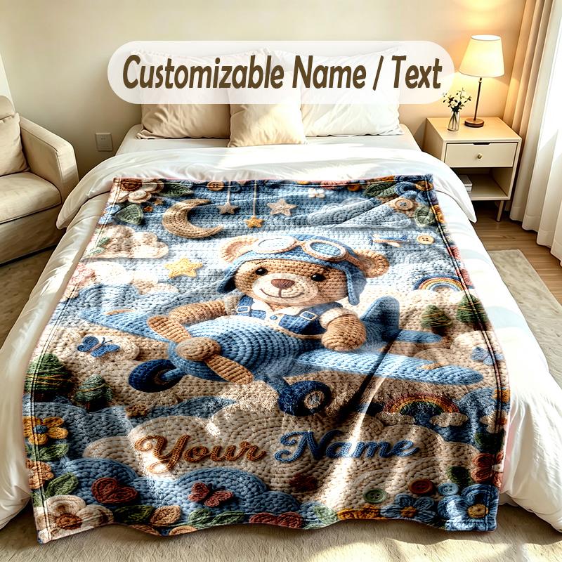 Teddy Bear Theme Custom Blanket Personalized Name & Text Customized Soft Warm Throw Blanket Home Decor
