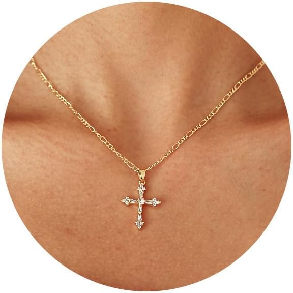 Cross Necklace for Women, Dainty 14K Gold Plated Cross Pendant Small Cross Choker Cute Gold Necklaces for Women Trendy Cute Stuff Faith Jewelry Teen Gold-Figaro Cross