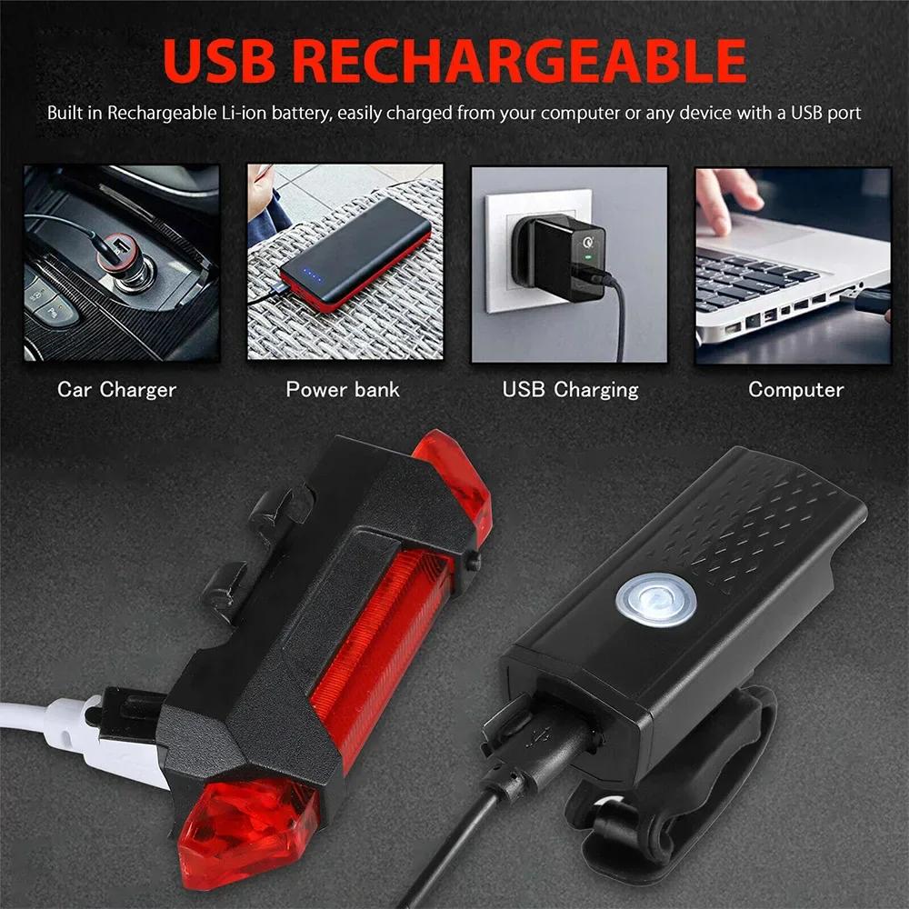 USB Rechargeable Bike Light Set Front Light with Taillight Easy To Install 3 Modes Bicycle Accessories for the Bicycle