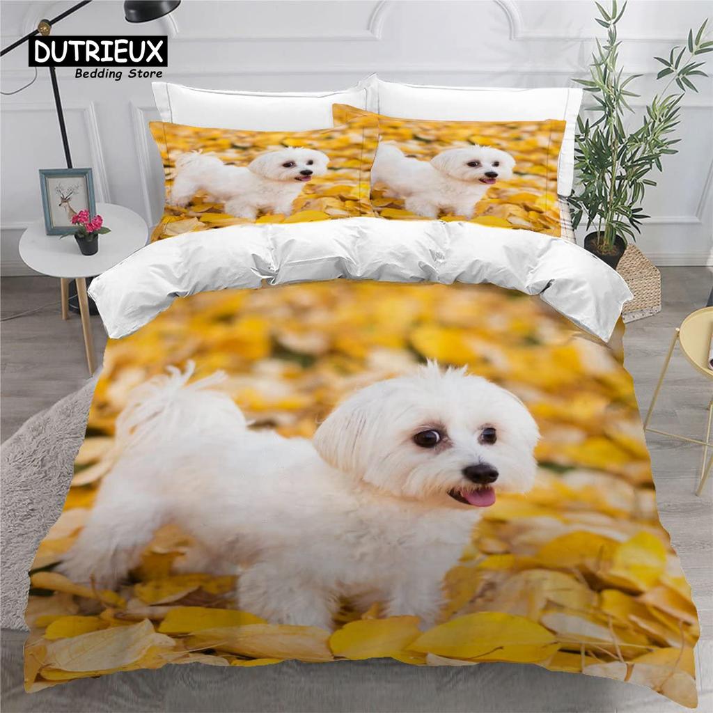 Sött Påslakanset med Maltesisk Hund Husdjur Hundar Tema Sängkläder Mikrofiber Kawaii Djur Täcke Överdrag Twin King För Barn Tonåringar