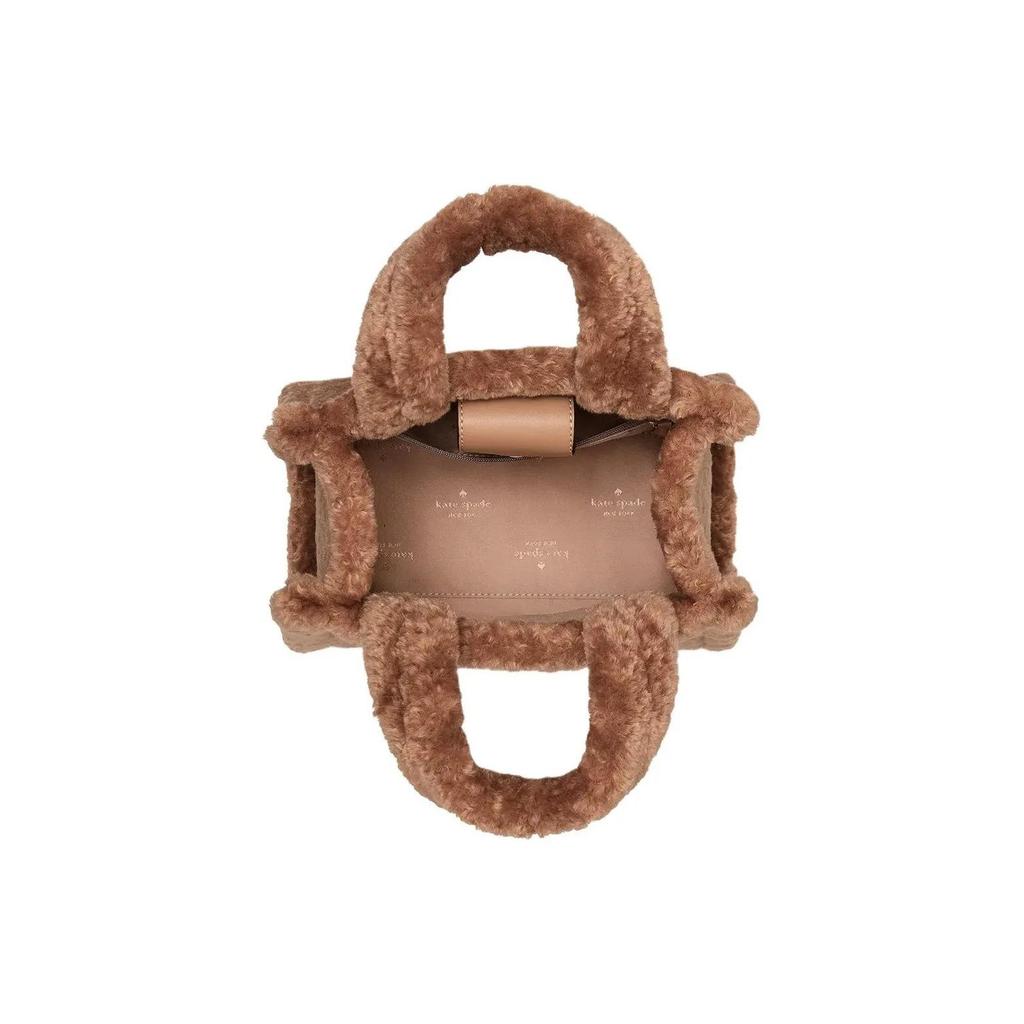 Kate's Belle Ellie Embroidered Brand Logo Magnetic Snap Closure Faux Fur Shopping Tote Shoulder Handbag Small Size Women's Light Tan