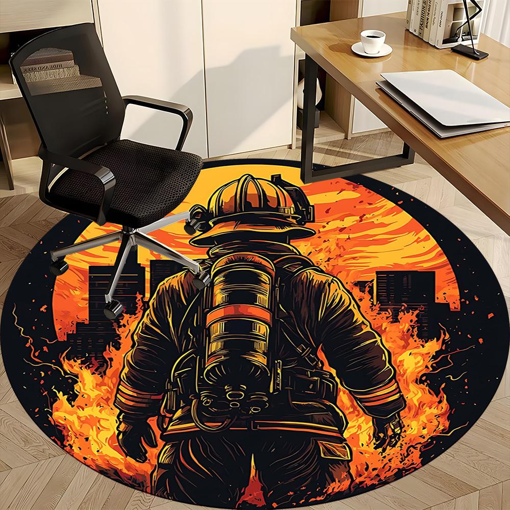 1pc Firefighter Hero Office Round Area Rug,  Mat Suitable ForOffice, Under Office Chairs Bedroom Living Room Home Decor, Room Deco