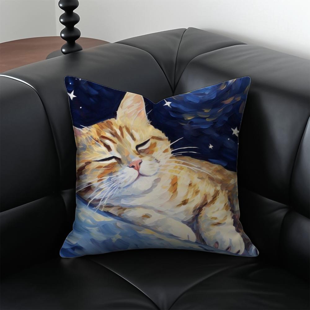 Van Gogh Starry Sky Kawaii Cat Cushion Cover Pillow Case Anti-Dustmite Invisible Zipper Silky Plush Cushion