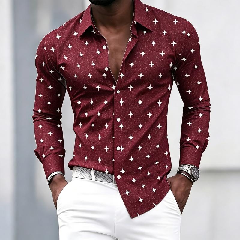 Men's Collared Long-sleeved Shirt, Classic Black Base with White Star Print, Slim Fit, Suitable for Commuting and Going Out.