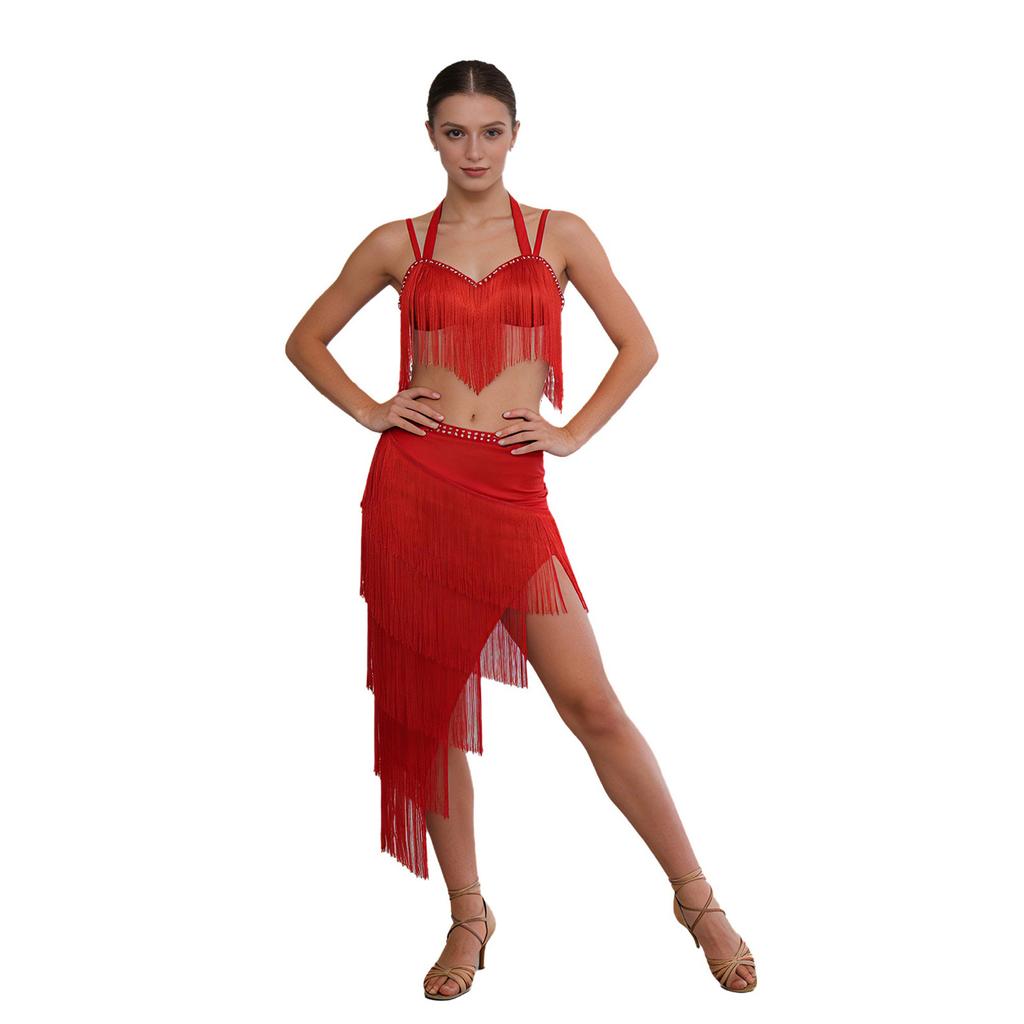 Dámský Kostým na Latinské Tango Tílko s výstřihem do V a třásněmi s kamínky Vícevrstvá Sukně s třásněmi