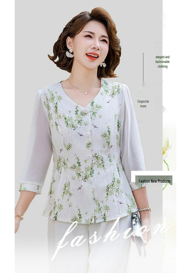 Elegant Summer Short-Sleeved Top for Middle-Aged Women