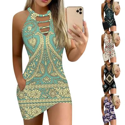 Summer Dresses For Women Slim Fitting Dress Fashion Printed Round Neck Pocket Sling Strap Dress