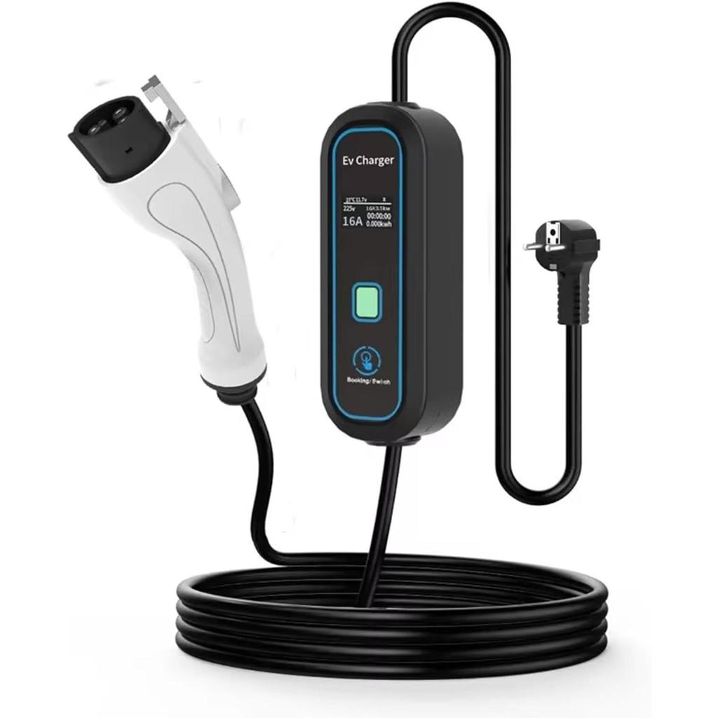 3.5KW 16A Portable EV Charger, Electric Vehicle Charger, Fast Charging Home Station Wallbox, LED Display, Adjustable Current, 5m Cable