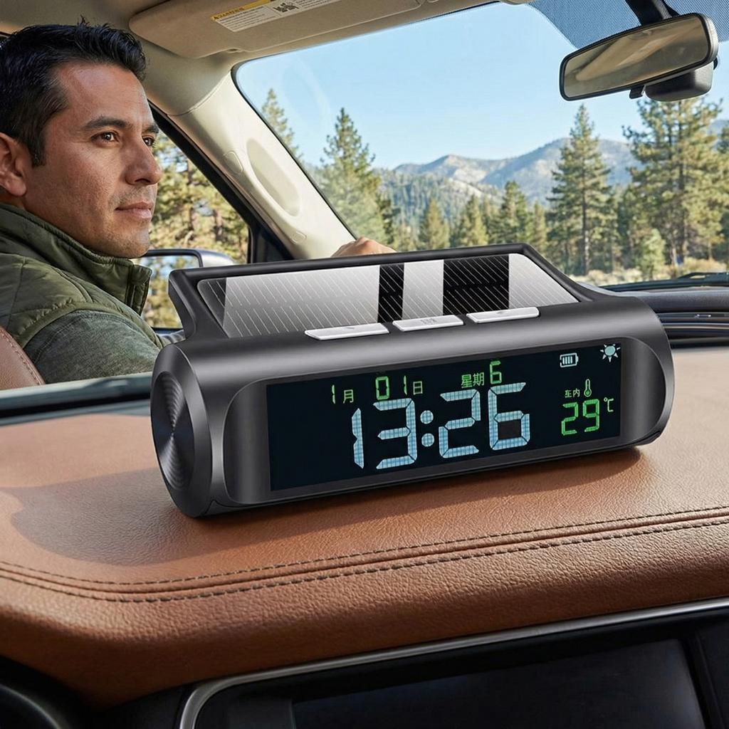 Solar Powered Car Clock with Temperature Monitor Auto Start Dashboard Digital Clock Date Week Display for Vehicle Accessories