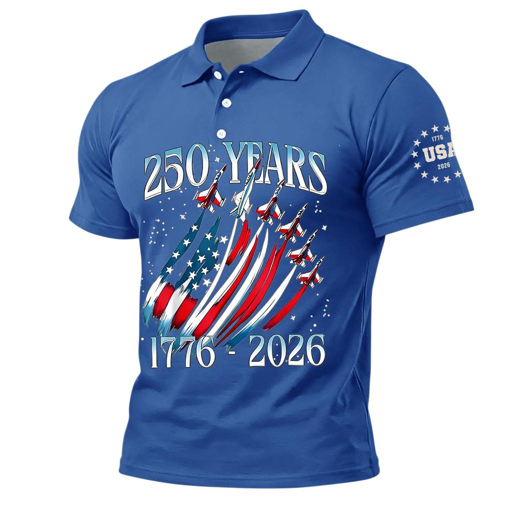 Men's Polo Shirt Short Sleeve 250 Years 1776 2026 Printed USA Flag Aircraft Graphic Casual Top