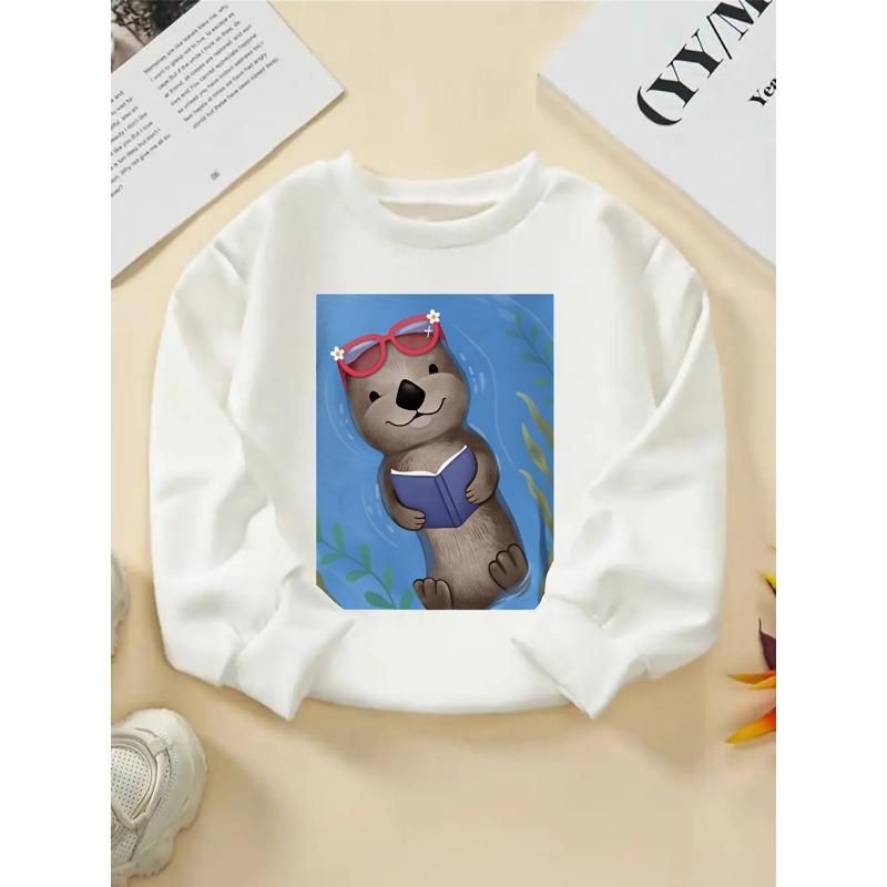 Girls' Crewneck Sweatshirt - Otter Reading Book with Fashion Glasses And Machine Washable, Spring And Autumn