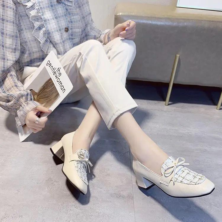 Woman Pumps Block Heel Loafers with Bow Chunky Heels Square Toe Shoes for Women Medium Y2k Popular Stylish Luxury Brand Shoe 39