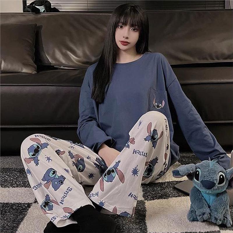 Women's Cartoon Stitch Pajama Set - Long Sleeve & Pants, Wearable Outdoors, Loose Fit for Autumn/Winter.