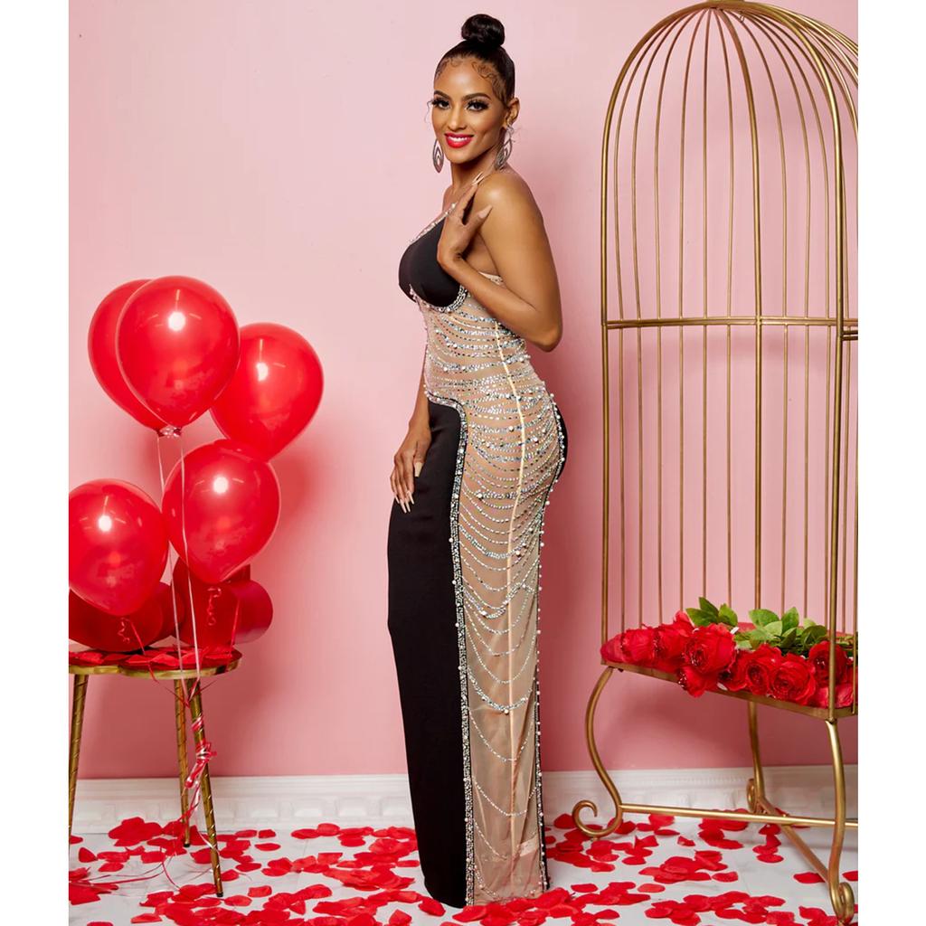 Women Sexy Chic Shiny Rhinestone Long Dress Elegant Back Slim Dresses Fashion Party Club Evening