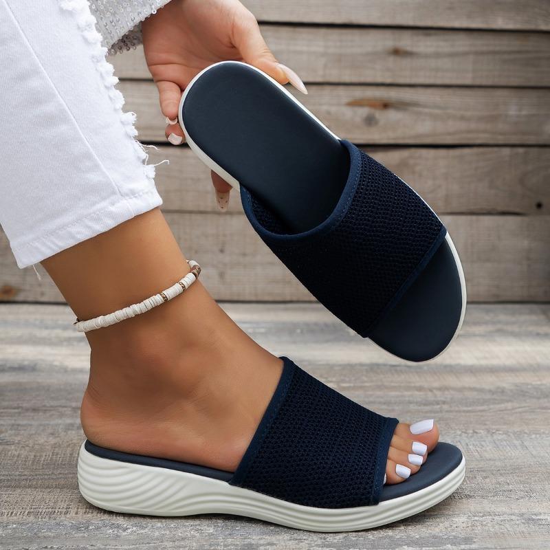 Flat Bottom Slippers Women Summer Round Head Mesh One Word Outer Wear Breathable Casual Sandal Slippers