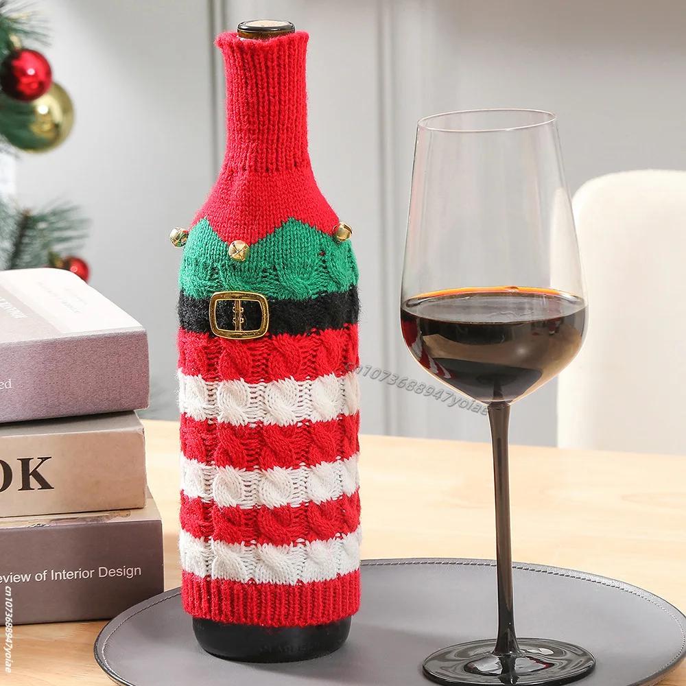 Cute Knitted Wine Bottle Cover Christmas Table Decoration Cartoon Santa Claus Snowman Pattern Red Wine Bottle Decor Xmas Gift