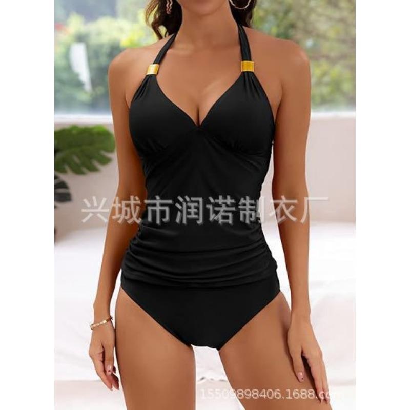 Conjunto de Tankini Halter Verde Esmeralda para Mujer con Estampado de Hojas Tropicales de Cintura Alta