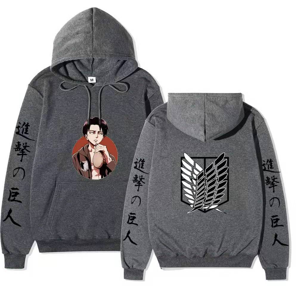 Attack On Titan Levi Ackerman Hoodie Unisex Fleece Sweatshirt, Front Character Print, Back Wings Logo, Japanese Sleeve Text, Autumn Winter Pullover
