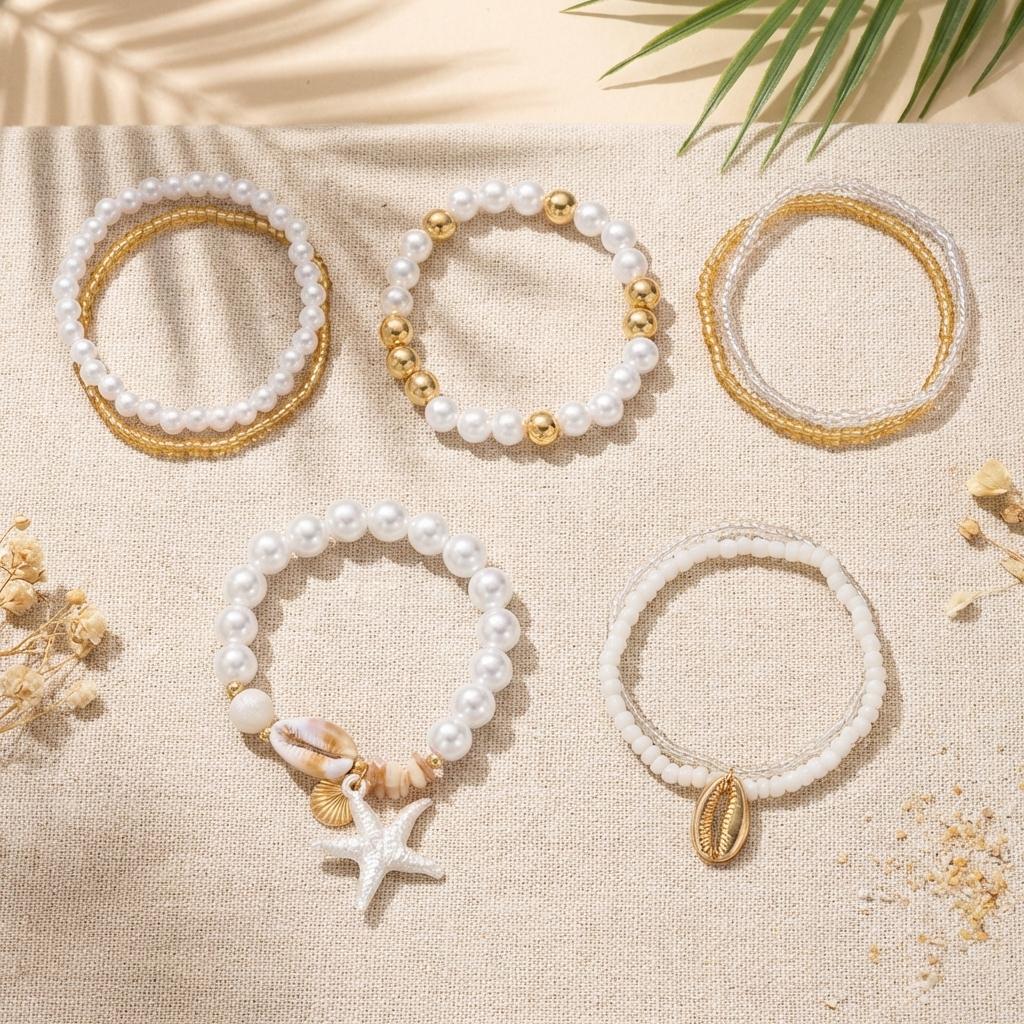 Stackable Starfish Shell Elastic Bracelet Set for Women Dainty Imitation Pearl Beaded Bracelet Vacation Party Jewelry Gift